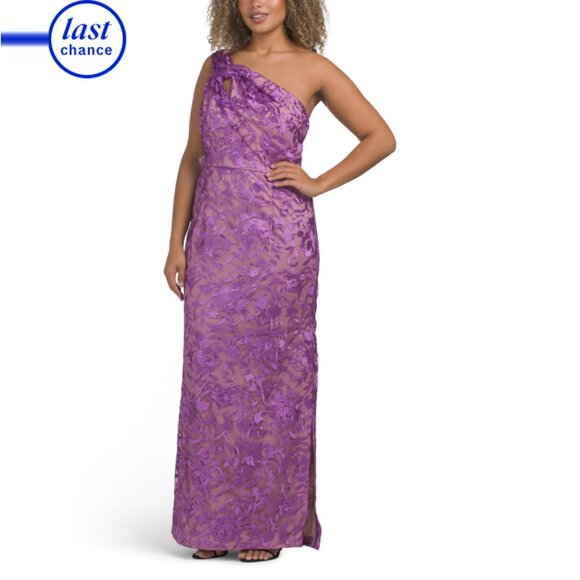 JS COLLECTIONS Rose Violet One Shoulder Soutache Column Gown - Picture 1 of 2